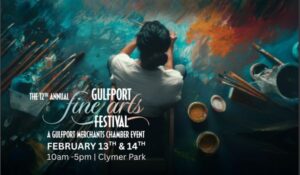 Featured image for Gulfport Fine Arts Festival February 13-14 2027 showing artist painting colorful canvas at Clymer Park Gulfport FL
