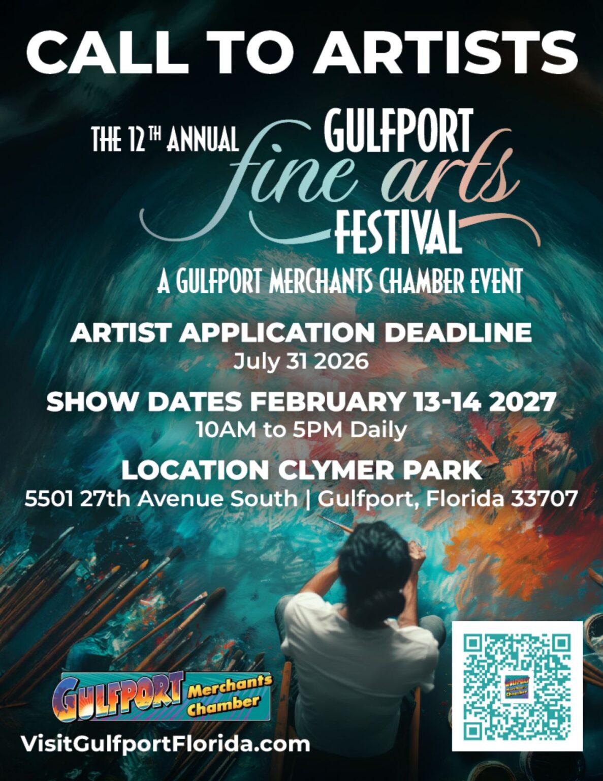 Call to artists graphic for the 12th Annual Gulfport Fine Arts Festival February 13-14 2027 at Clymer Park in Gulfport Florida with artist painting scene