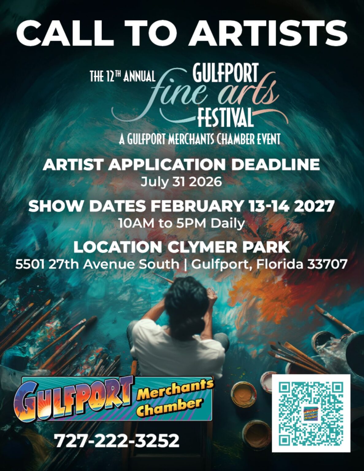Call to artists graphic for the 12th Annual Gulfport Fine Arts Festival February 13-14 2027 at Clymer Park in Gulfport Florida with artist painting scene