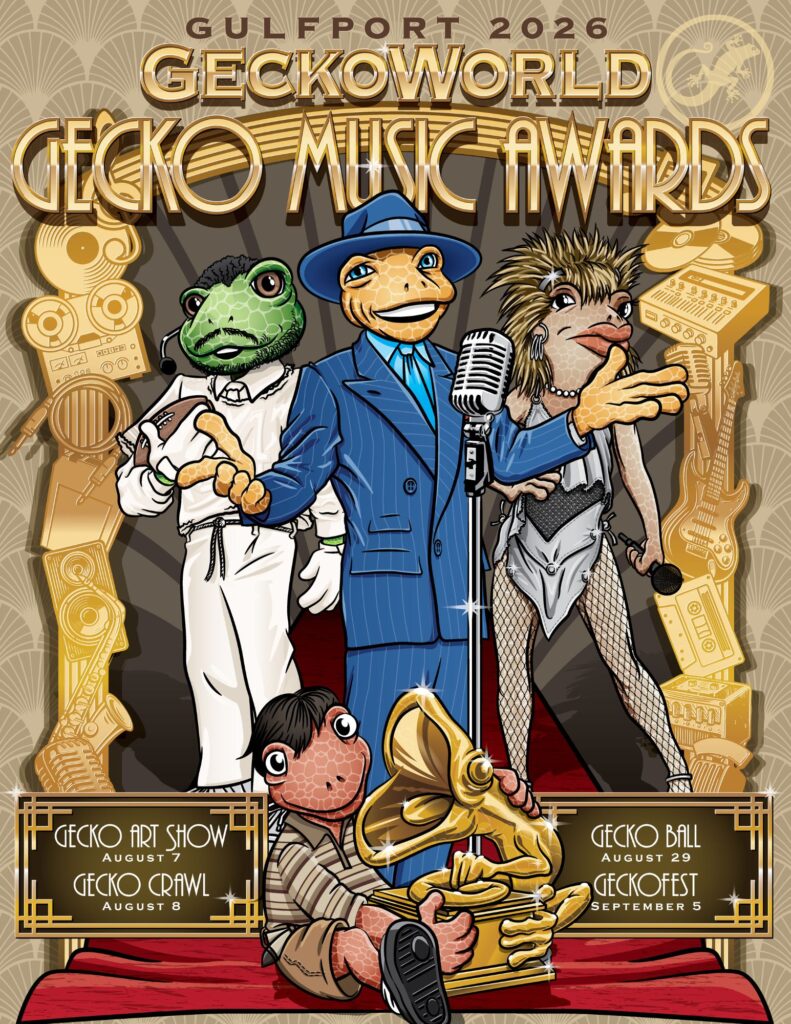 GeckoWorld 2026 Gecko Music Awards theme artwork featuring gecko characters in music-inspired costumes promoting Gulfport Florida events including GeckoFest, Gecko Ball, and Gecko Crawl