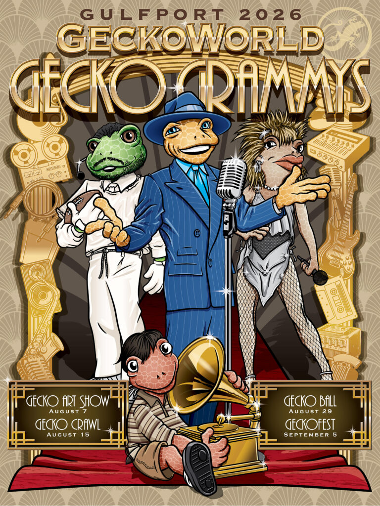 Illustrated poster for Gulfport GeckoWorld 2026 “Gecko Grammys” featuring gecko characters styled as music performers on a red carpet stage with vintage microphones, instruments, and a gramophone, highlighting event dates for Gecko Art Show, Gecko Crawl, Gecko Ball, and GeckoFest.