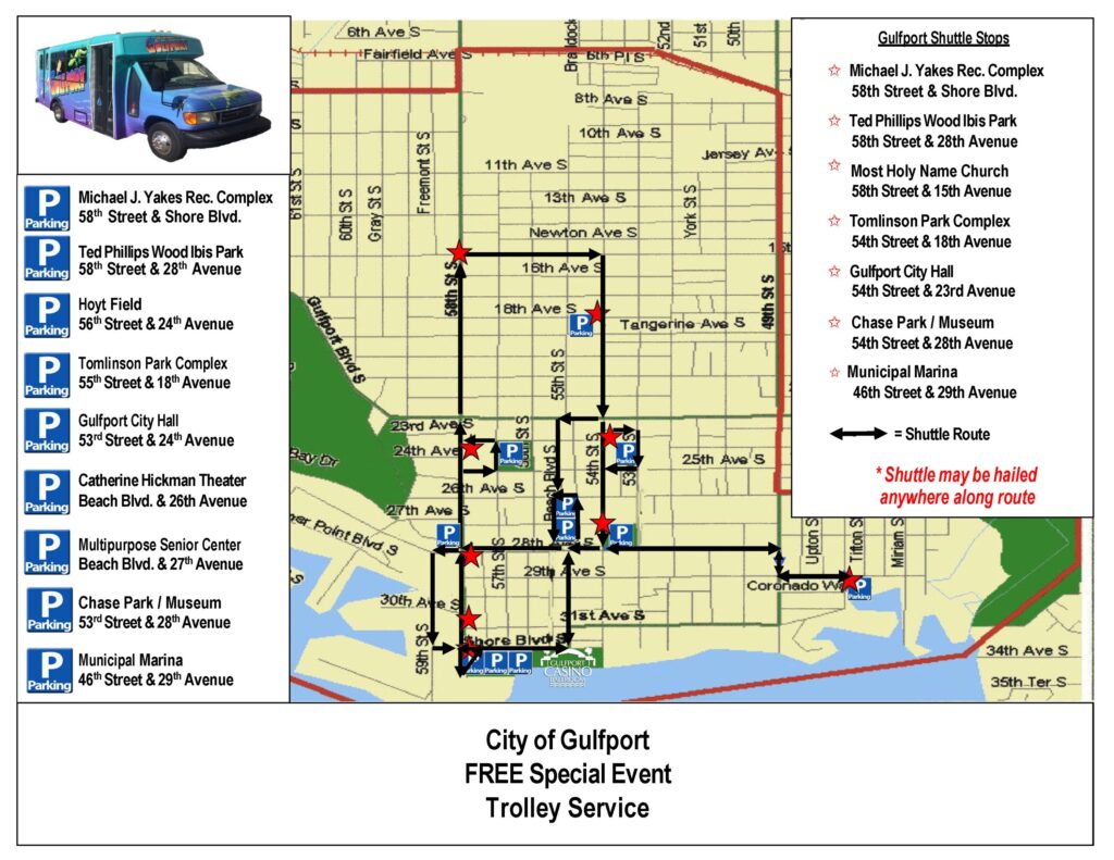 City of Gulfport Trolley Route and Remote Parking Map