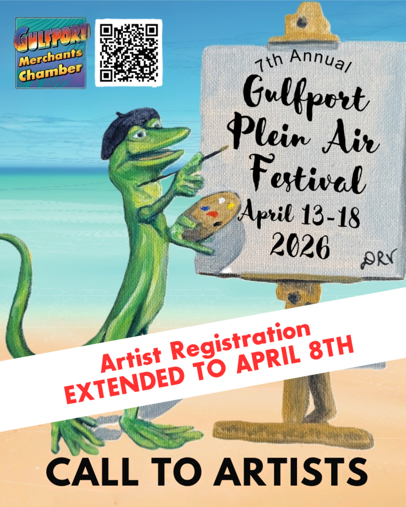 Illustrated gecko artist painting at an easel on the beach with text promoting the 7th Annual Gulfport Plein Air Festival, April 13–18, 2026, and a notice that artist registration has been extended to April 8th.