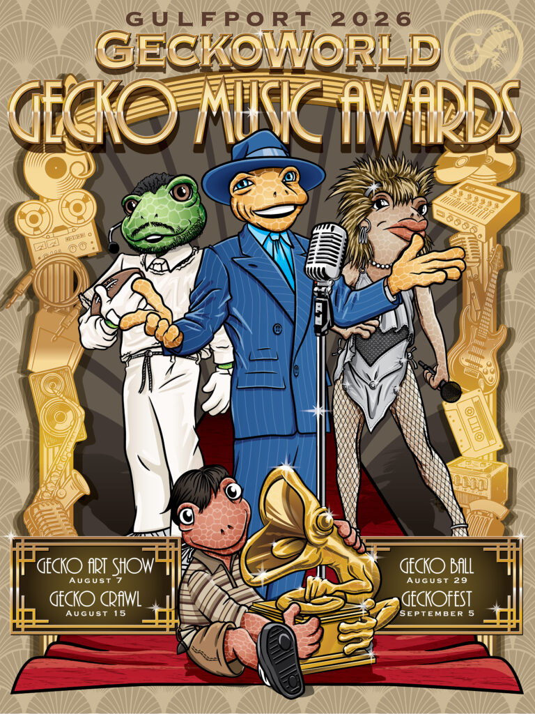 GeckoWorld 2026 Gecko Grammys theme artwork featuring gecko characters in music-inspired costumes promoting Gulfport Florida events including GeckoFest, Gecko Ball, and Gecko Crawl