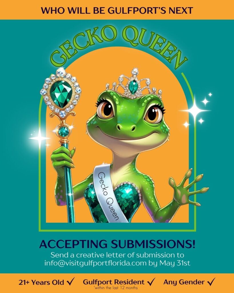 Illustrated Gecko Queen holding a jeweled scepter for the Gulfport Florida GeckoWorld celebration