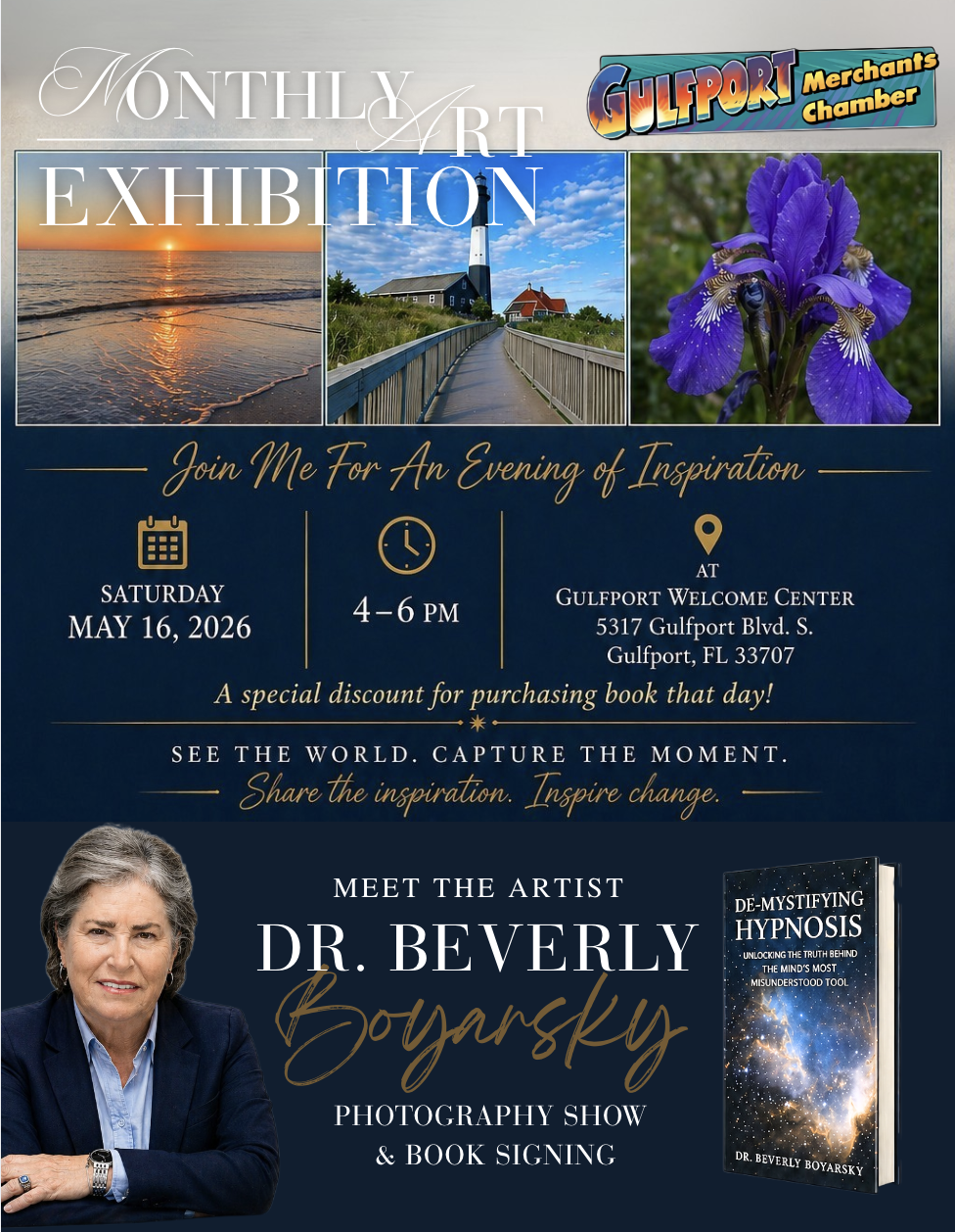 Dr. Beverly Boyarsky photography exhibition flyer at Gulfport Welcome Center Monthly Art Exhibition May 16 2026