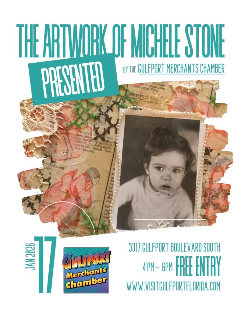 Gulfport Monthly Art Exhibition Flyer for January 17th Event Featuring the Art of Michele Stone