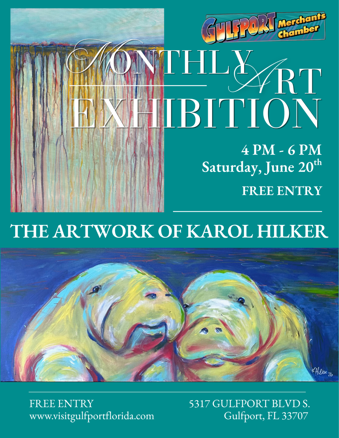 Artwork by Karol Hilker featured in the Gulfport Merchants Chamber Monthly Art Exhibition on June 20, 2026