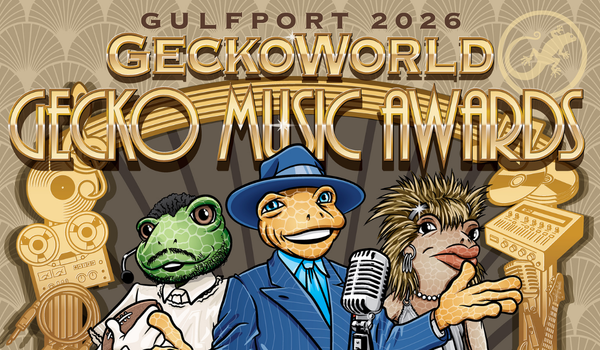 GeckoWorld 2026 Gecko Grammys theme artwork featuring gecko characters in music-inspired costumes promoting Gulfport Florida events including GeckoFest, Gecko Ball, and Gecko Crawl